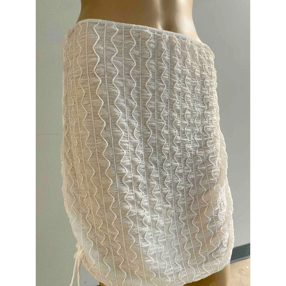 White Ruched Textured Mini Skirt Sarong Festival Bodycon Sheer Large